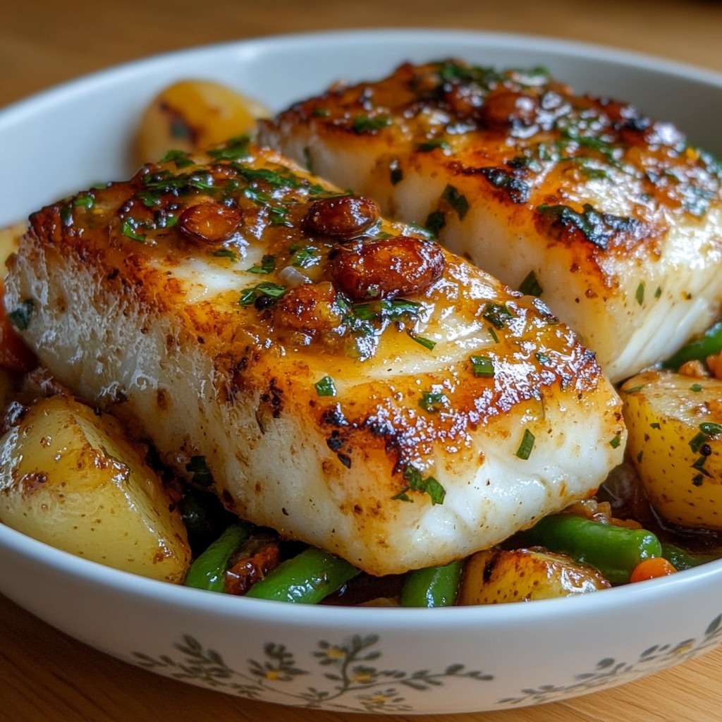 Pan-fried cod fillet with golden roasted baby potatoes, green beans and garlic parsley lemon sauce served on a plate