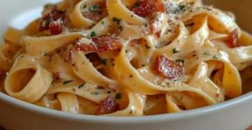 Creamy tagliatelle pasta coated in a melted cheese and cream sauce with crispy bacon, finished with black pepper and fresh parsley