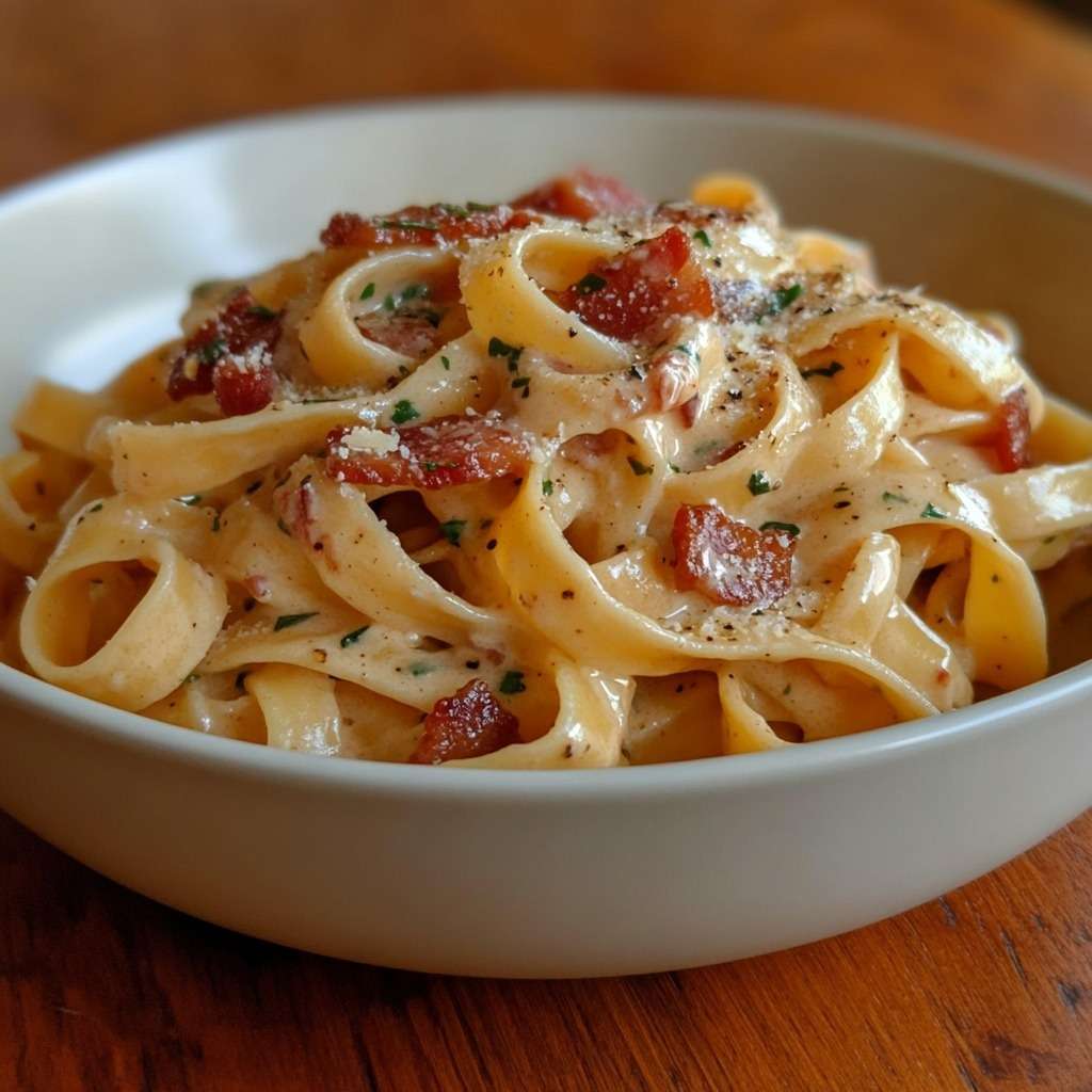 Creamy tagliatelle pasta coated in a melted cheese and cream sauce with crispy bacon, finished with black pepper and fresh parsley