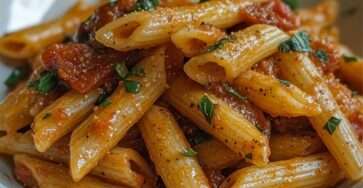 Rustic penne pasta tossed with sausage and tomato sauce, topped with fresh parsley and Parmesan in a pan