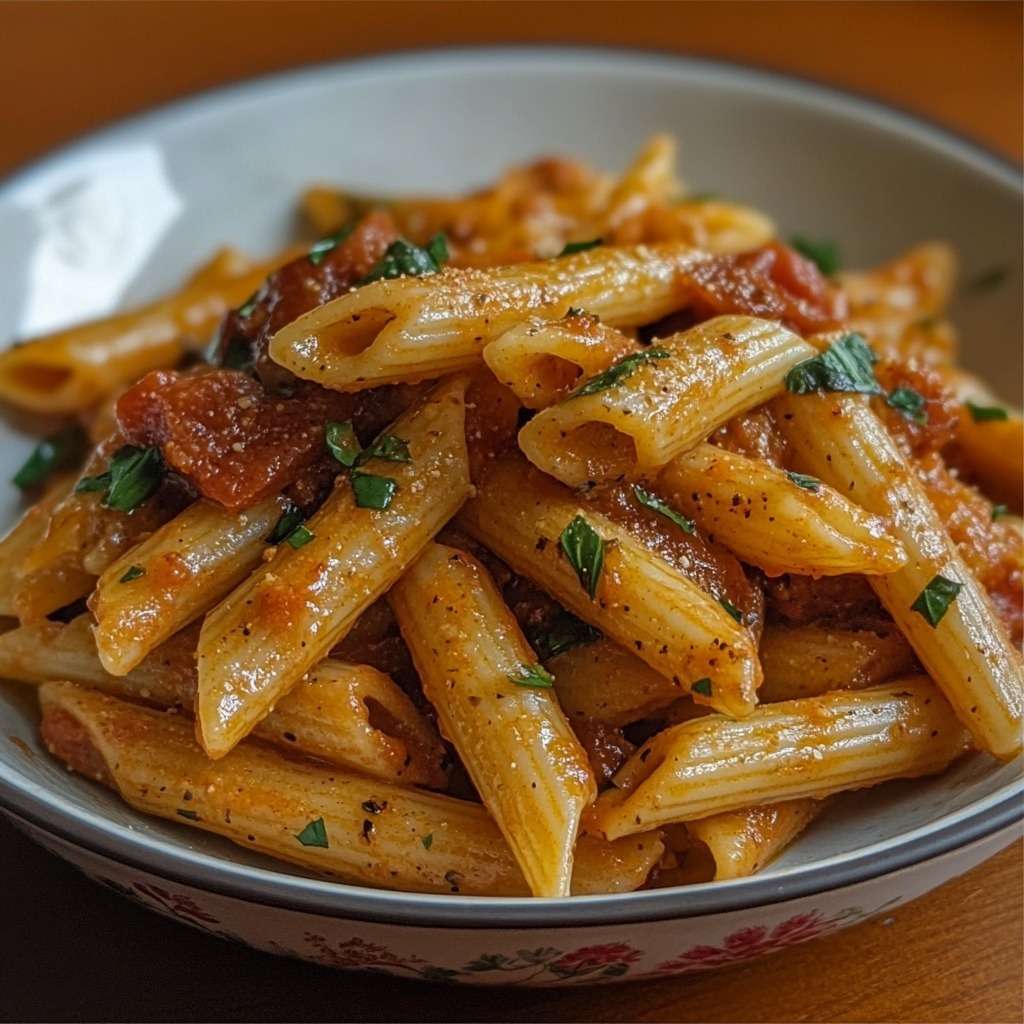 Rustic penne pasta tossed with sausage and tomato sauce, topped with fresh parsley and Parmesan in a pan