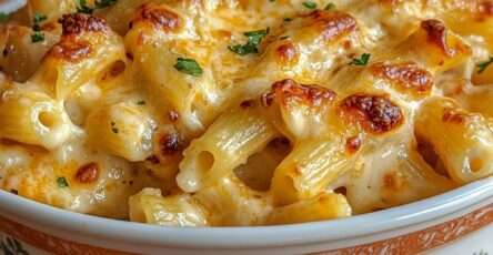 Ultra creamy cheese macaroni gratin baked until golden with melted cheese and parsley in a ceramic baking dish