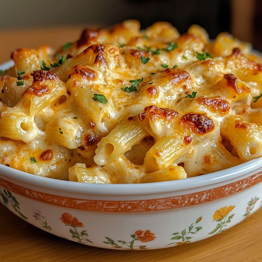 Ultra creamy cheese macaroni gratin baked until golden with melted cheese and parsley in a ceramic baking dish