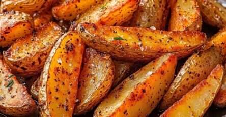 Oven Crispy roasted potato wedges seasoned with smoked paprika, garlic and herbs, golden and crispy on a baking tray