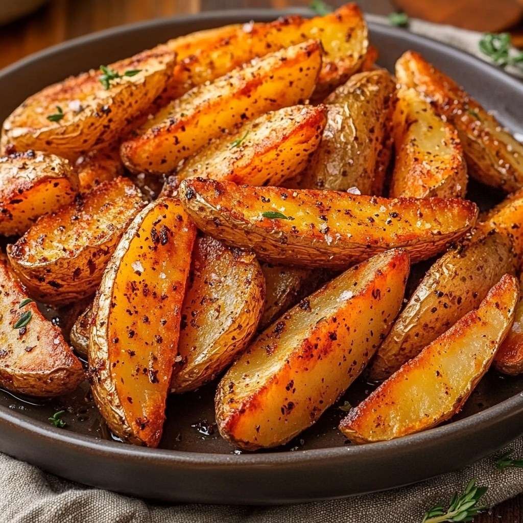Oven Crispy roasted potato wedges seasoned with smoked paprika, garlic and herbs, golden and crispy on a baking tray