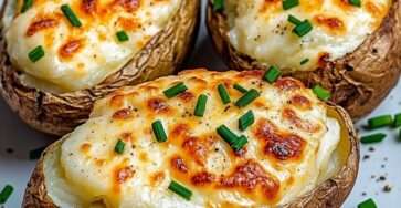 Cheese stuffed potatoes au gratin with golden melted cheese topping and chives, baked until crispy and creamy inside