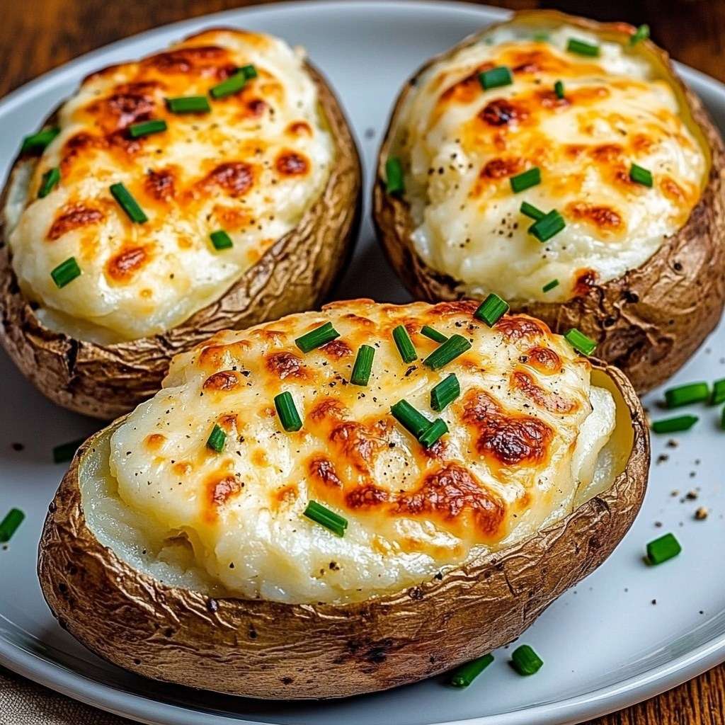 Cheese stuffed potatoes au gratin with golden melted cheese topping and chives, baked until crispy and creamy inside