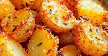 Oven baked baby potatoes roasted cut side down with Parmesan cheese, garlic and herbs, golden and crispy on the bottom