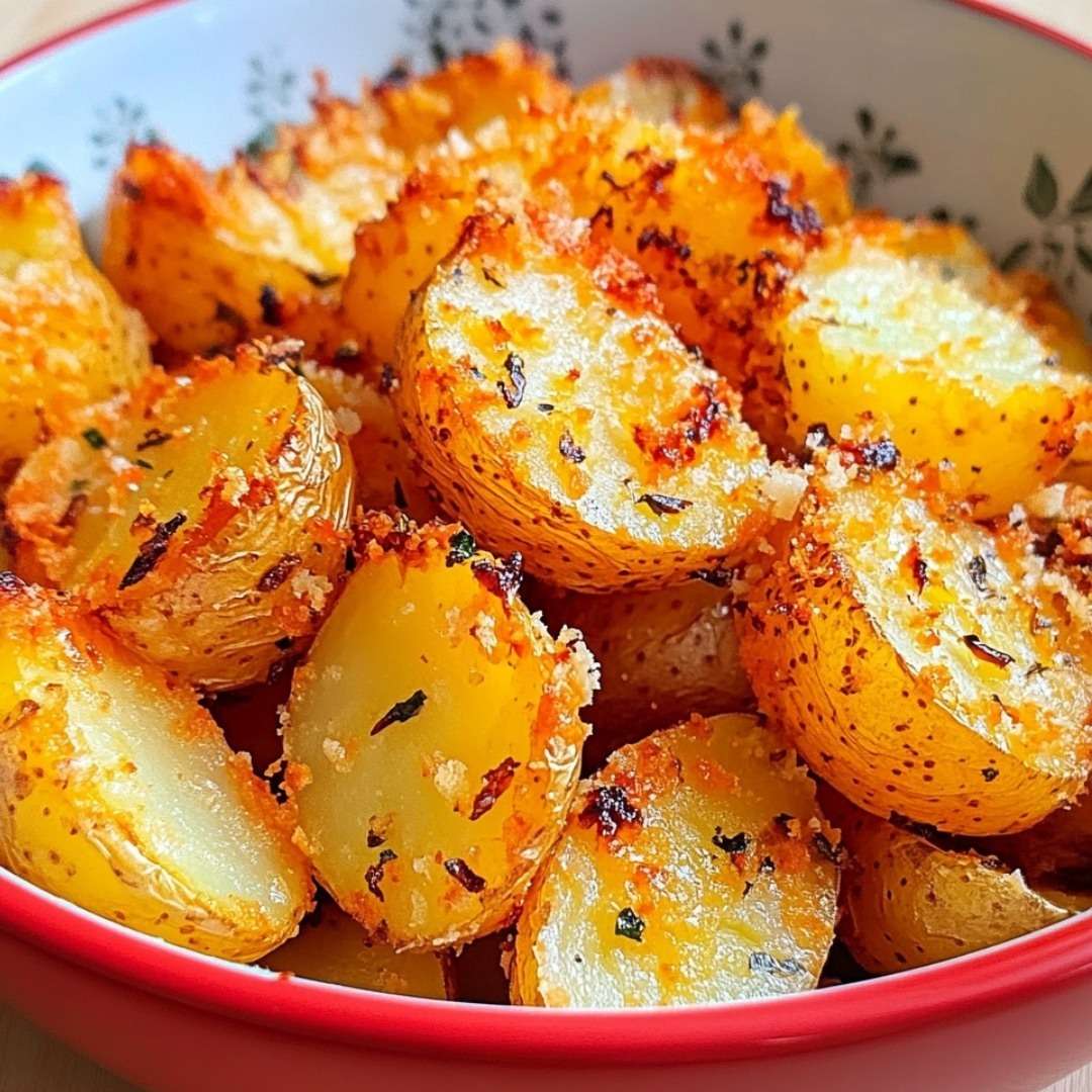 Oven baked baby potatoes roasted cut side down with Parmesan cheese, garlic and herbs, golden and crispy on the bottom