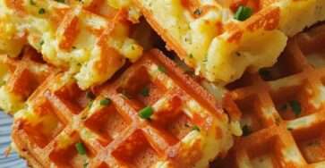 Golden savory potato waffles with melted cheese and fresh chives, cooked until crispy in a waffle iron