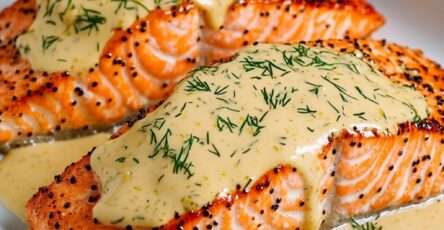 Roasted salmon steaks topped with creamy mustard and dill sauce, finished with lemon zest and fresh herbs in a skillet