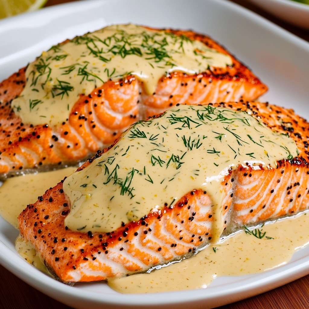 Roasted salmon steaks topped with creamy mustard and dill sauce, finished with lemon zest and fresh herbs in a skillet