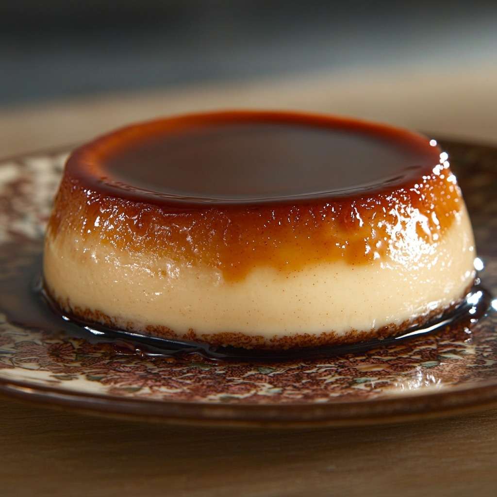 Ultra-creamy homemade caramel flan unmolded on a plate with glossy caramel sauce flowing around the smooth custard