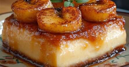 Ultra-creamy banana cinnamon caramel flan topped with glossy caramelized banana slices and fresh mint