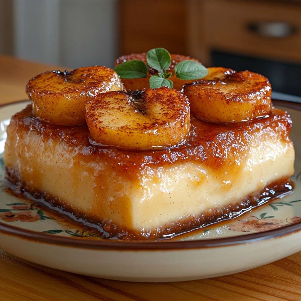 Ultra-creamy banana cinnamon caramel flan topped with glossy caramelized banana slices and fresh mint