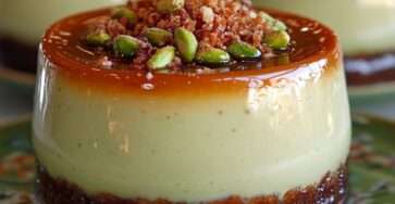 Creamy pistachio caramel flan set on a biscuit crust, topped with caramel drizzle and crushed pistachios