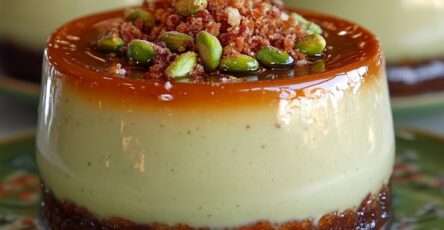 Creamy pistachio caramel flan set on a biscuit crust, topped with caramel drizzle and crushed pistachios