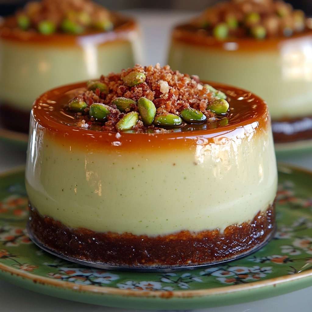 Creamy pistachio caramel flan set on a biscuit crust, topped with caramel drizzle and crushed pistachios