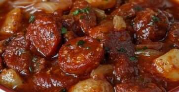 Rustic chorizo, potato, and tomato stew simmered in a casserole with carrots, herbs, and paprika, served hot and hearty