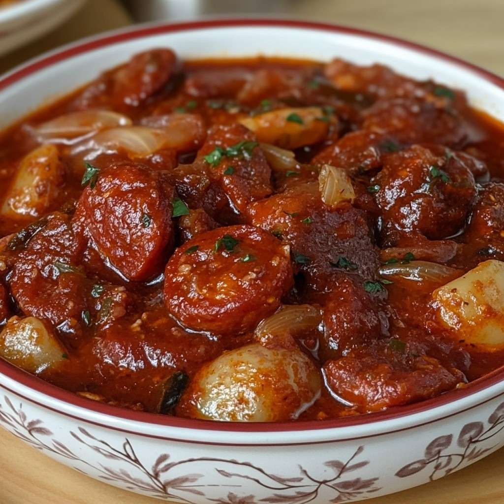 Rustic chorizo, potato, and tomato stew simmered in a casserole with carrots, herbs, and paprika, served hot and hearty