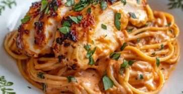 Spaghetti coated in a smooth tomato cream sauce topped with sliced roasted chicken breast and fresh parsley