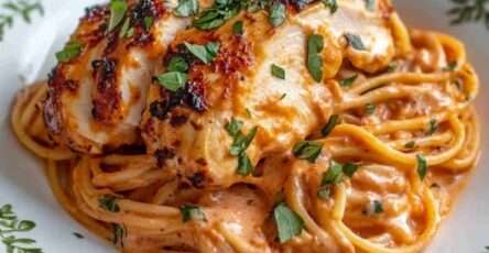 Spaghetti coated in a smooth tomato cream sauce topped with sliced roasted chicken breast and fresh parsley