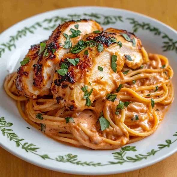 Spaghetti coated in a smooth tomato cream sauce topped with sliced roasted chicken breast and fresh parsley
