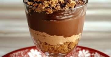 Layered chocolate mousse verrine with crunchy biscuit base and airy mousse, topped with crumbs and a mini meringue