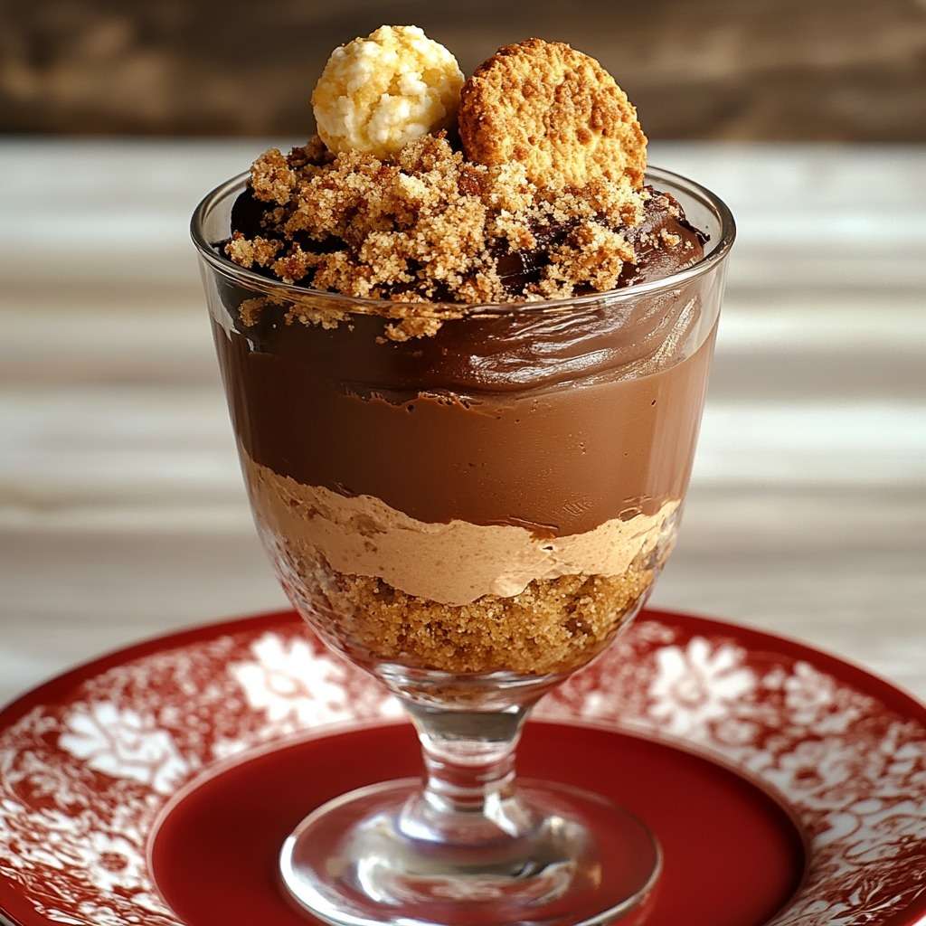 Layered chocolate mousse verrine with crunchy biscuit base and airy mousse, topped with crumbs and a mini meringue