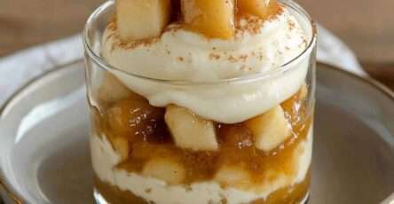 Layered verrine with caramelized apple and smooth vanilla cream, lightly dusted with cinnamon