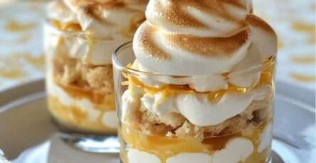 Layered lemon meringue verrine with silky lemon cream, crunchy shortbread crumbs, and golden toasted meringue