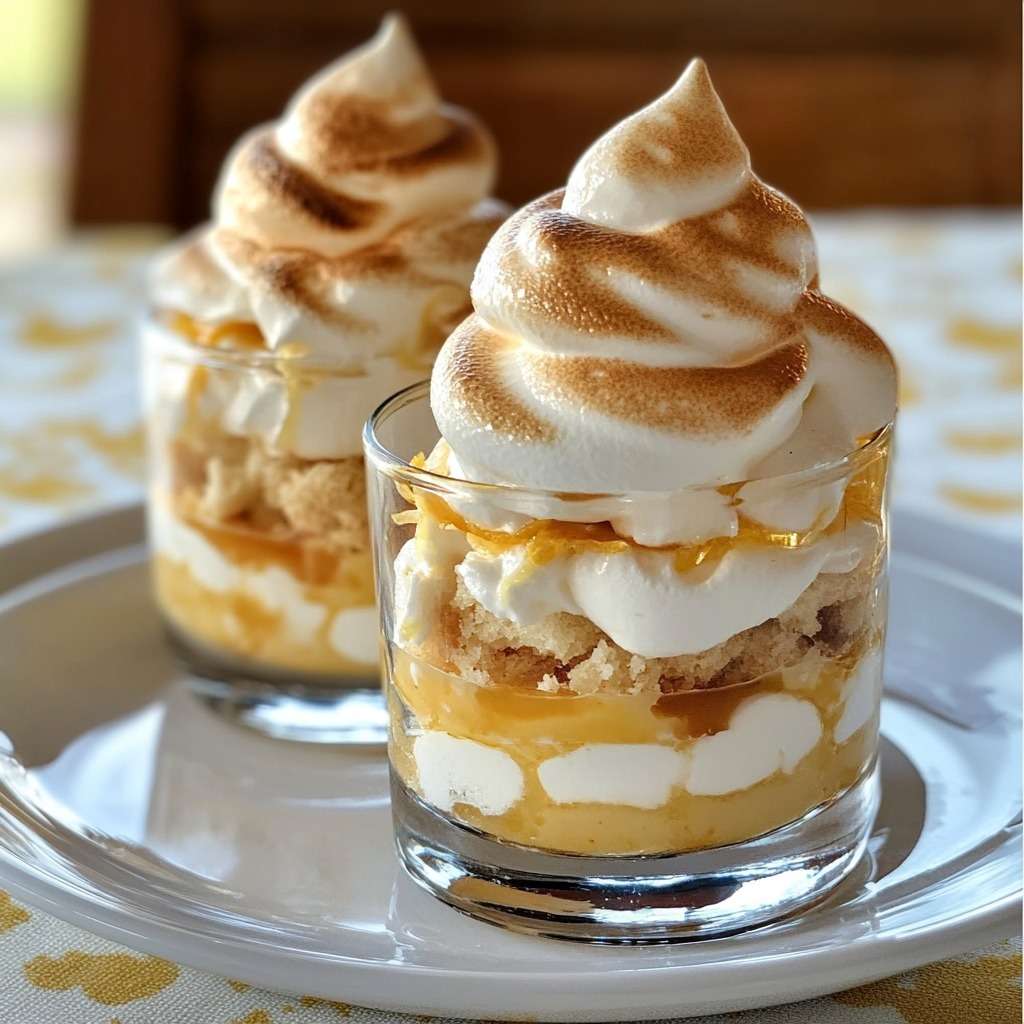 Layered lemon meringue verrine with silky lemon cream, crunchy shortbread crumbs, and golden toasted meringue