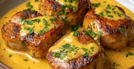Wild rabbit pieces simmered in a creamy old-fashioned mustard sauce with parsley and shallots