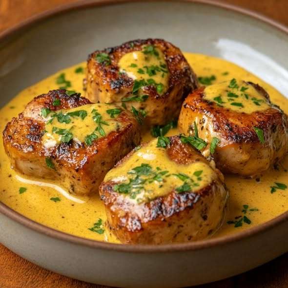 Wild rabbit pieces simmered in a creamy old-fashioned mustard sauce with parsley and shallots