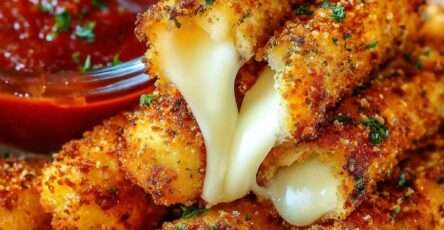 Golden crispy potato sticks filled with melted cheese, served hot with tomato sauce on a rustic plate