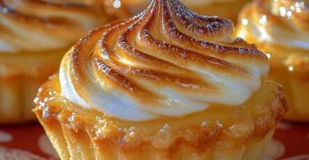 Homemade lemon meringue tartlets with golden toasted meringue and glossy lemon filling in buttery pastry shells