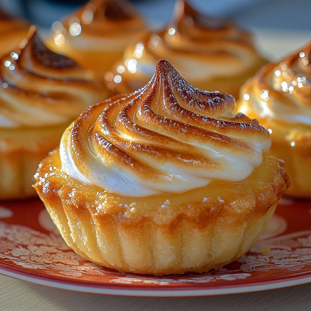 Homemade lemon meringue tartlets with golden toasted meringue and glossy lemon filling in buttery pastry shells