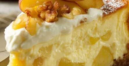 Creamy cheesecake topped with caramelized apples and crushed walnuts, served chilled and dusted with powdered sugar