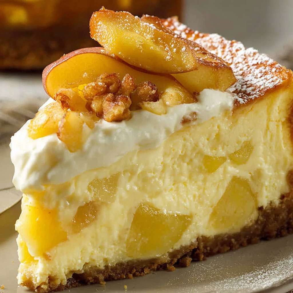 Creamy cheesecake topped with caramelized apples and crushed walnuts, served chilled and dusted with powdered sugar