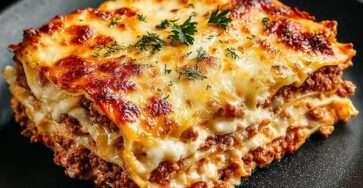 Homemade family beef lasagna with creamy béchamel sauce and golden cheese gratin, sliced and served hot