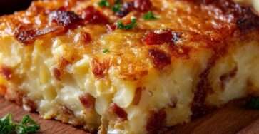 Savory potato cake with bacon and melted cheese, golden brown on top and sliced into rustic portions