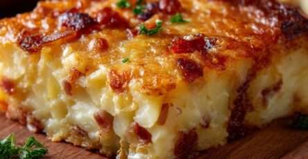 Savory potato cake with bacon and melted cheese, golden brown on top and sliced into rustic portions