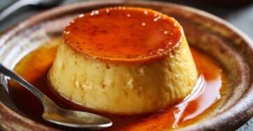 Baked egg custard with brown sugar, smooth and creamy texture, served chilled in a rustic dish