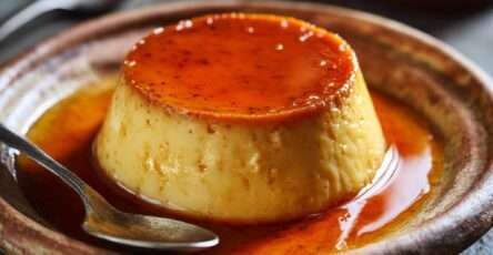 Baked egg custard with brown sugar, smooth and creamy texture, served chilled in a rustic dish