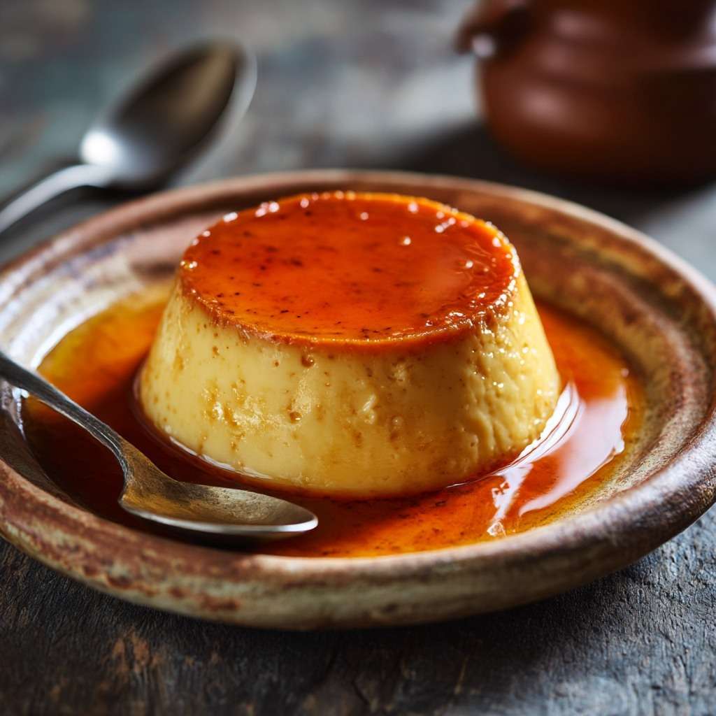 Baked egg custard with brown sugar, smooth and creamy texture, served chilled in a rustic dish