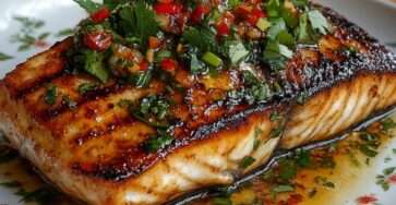Crispy grilled salmon with golden skin topped with lemon herb and chili sauce, served fresh and glossy