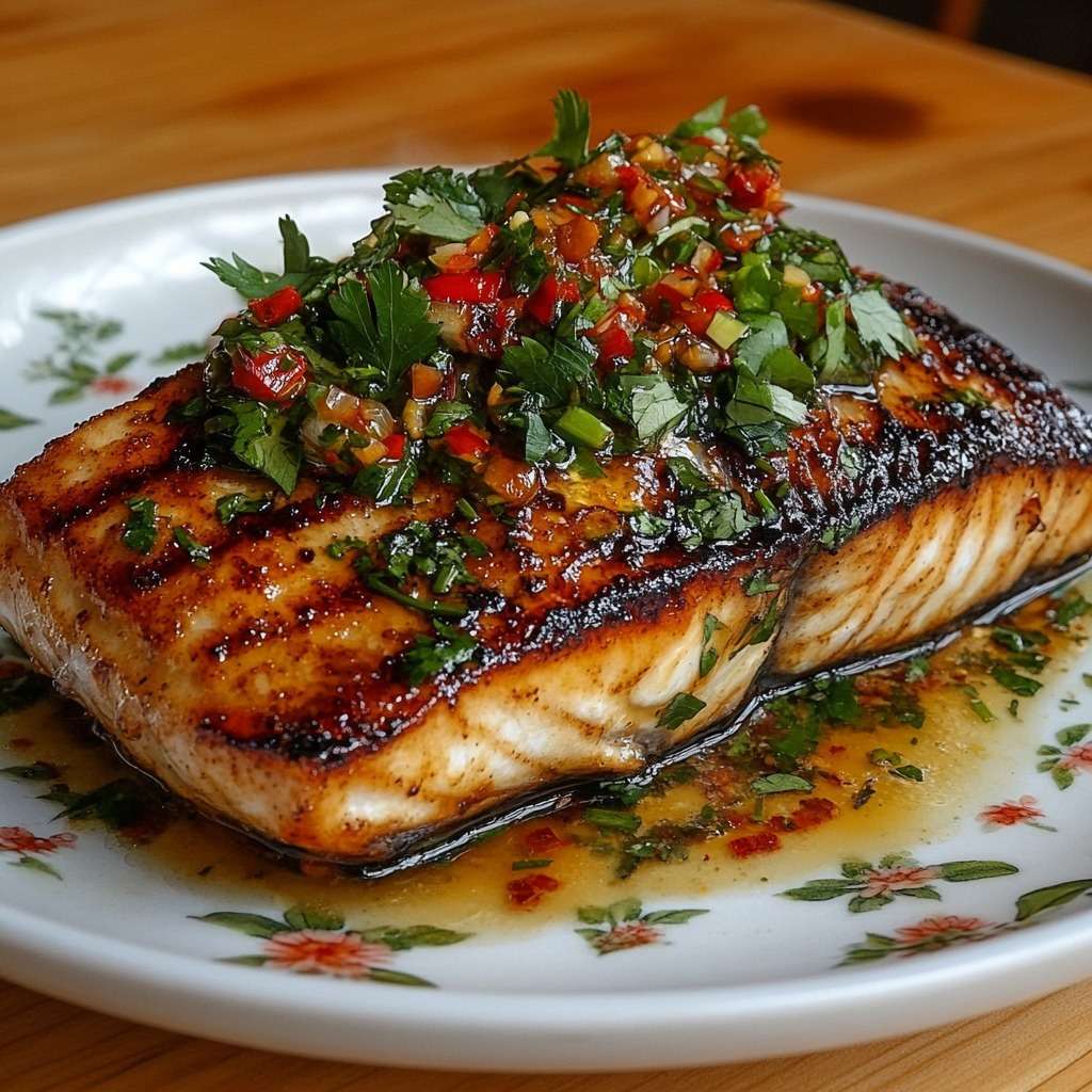 Crispy grilled salmon with golden skin topped with lemon herb and chili sauce, served fresh and glossy