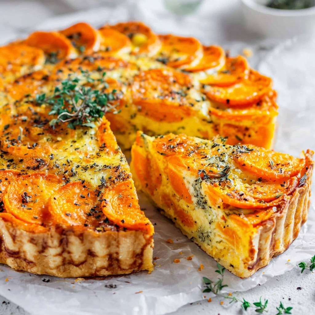 Homemade carrot and herb tart with golden top, sliced carrots and melted cheese baked in a rustic pie dish