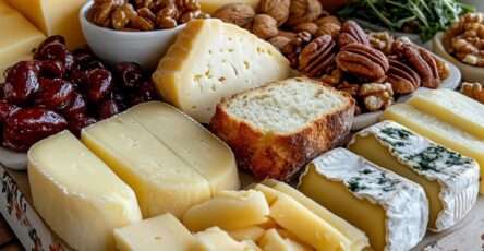 Rustic cheese and nut platter with assorted cheeses, nuts, fresh cherries, country bread, honey, and microgreens arranged on a wooden board