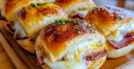 Mini ham and cheese sliders baked au gratin with golden tops and melted cheese served fresh from the oven